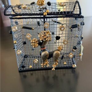 Black and Gold Poodle Brooch Cage Mini Box Clutch with Zebra Print Scarf